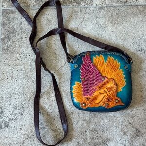 Vintage Hand Tooled Leather Fairy Wing Purse Boho Hippie Crossbody Bag